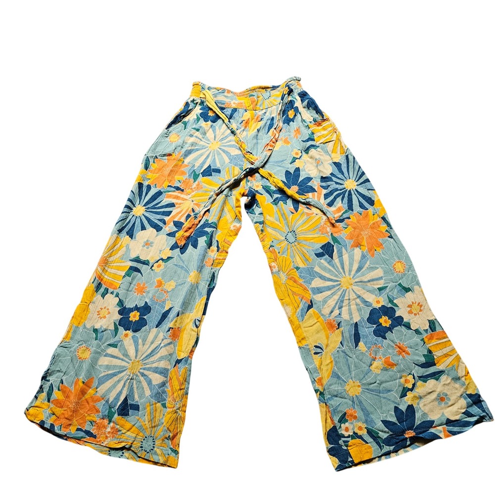 Angie Womens Floral Wide Leg Pants Blue Yellow Boho Smocked Waist Size Small